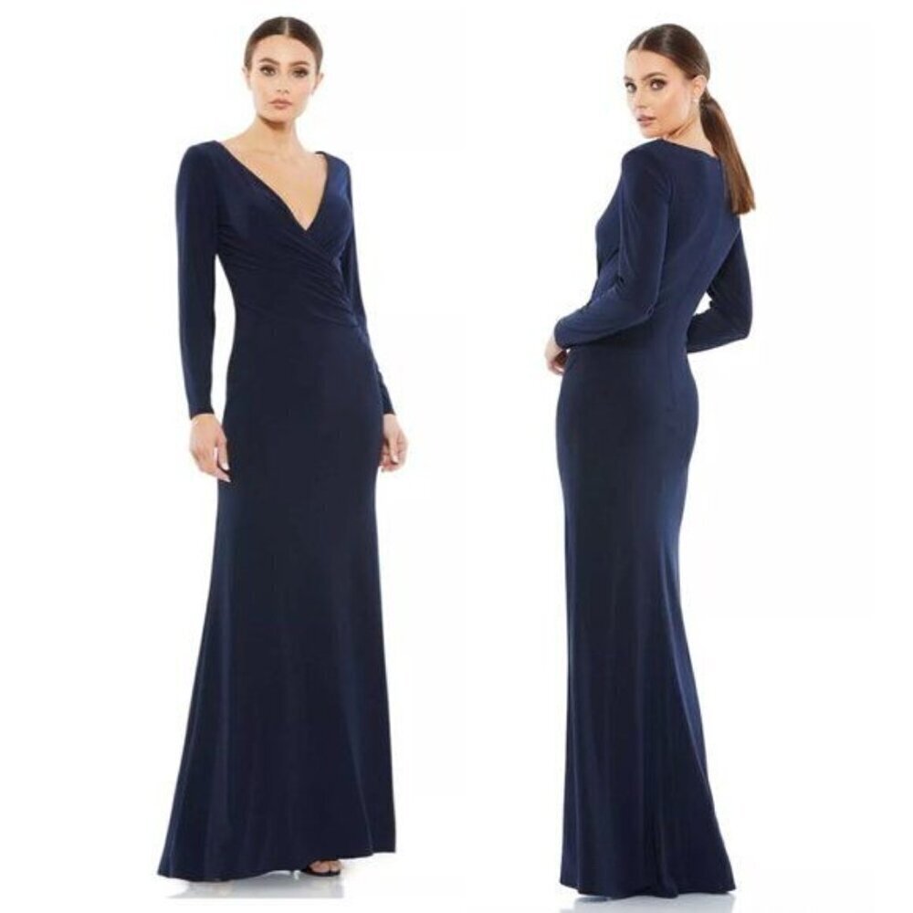 Mac Duggal Jersey Long Sleeve Ruched V-Neck Gown Navy Midnight Blue Size 4 26573